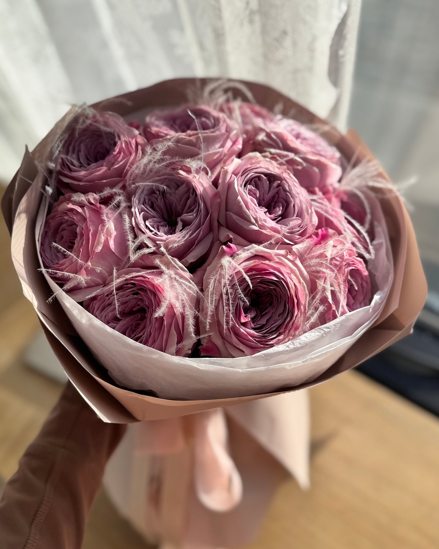 Lilac Peony Roses with Feathers