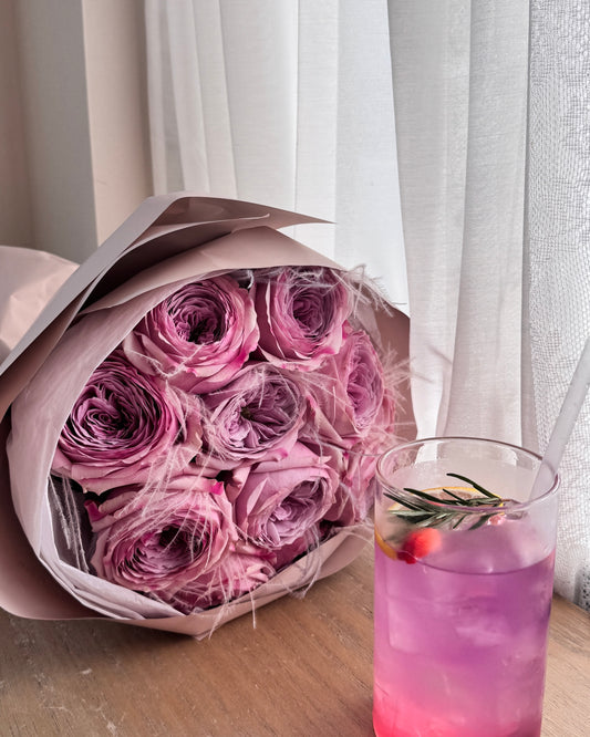 Lilac Peony Roses with Feathers