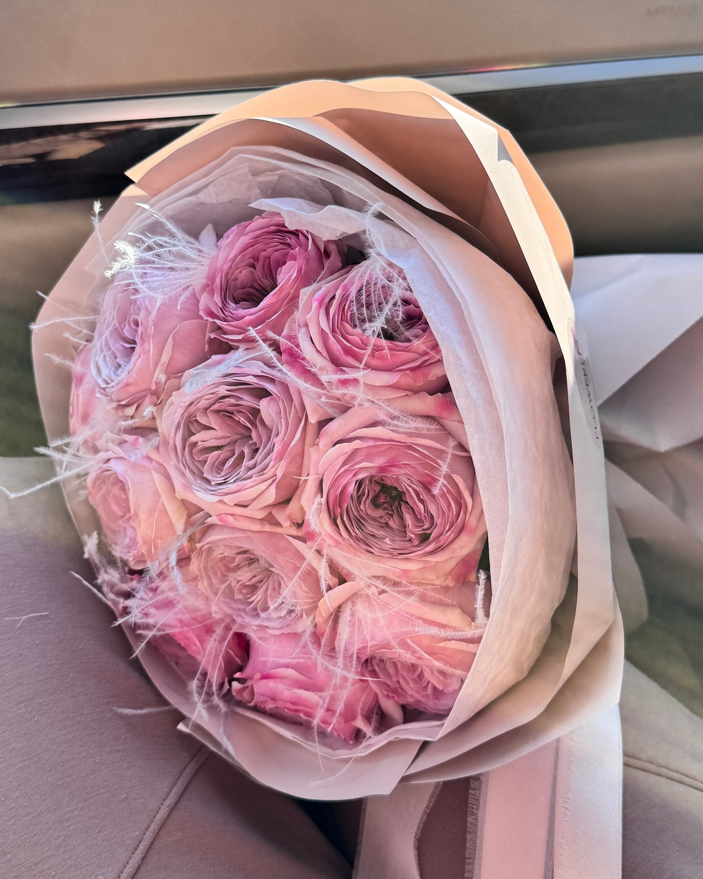 Lilac Peony Roses with Feathers